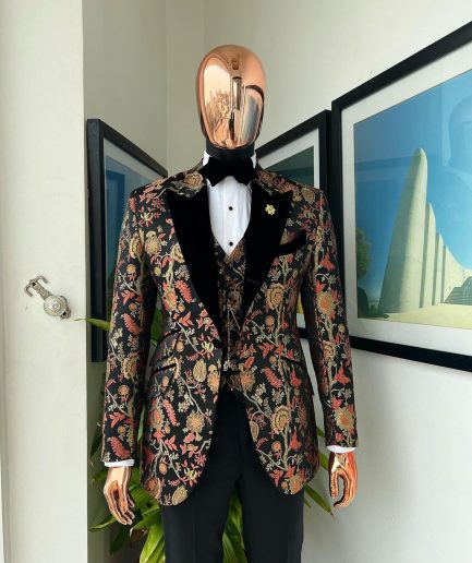 A Gold, peach & black mix metallic jacquard, peak lapel tuxedo suit