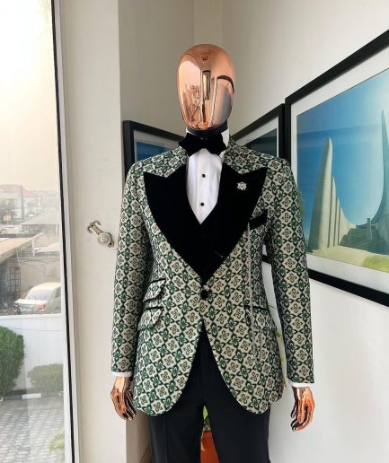 A Pine, pistachio green and black mix metallic jacquard, peak lapel tuxedo suit