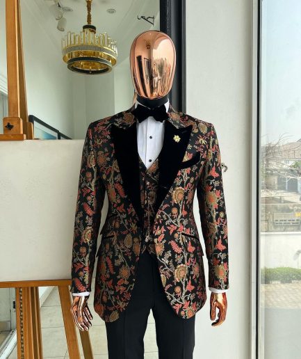 A Gold, peach & black mix metallic jacquard, peak lapel tuxedo suit