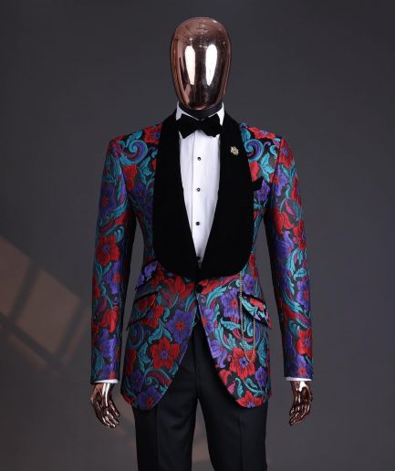 A Tomato Red,fern green, purple and black mix metallic jacquard, shawl lapel tuxedo suit