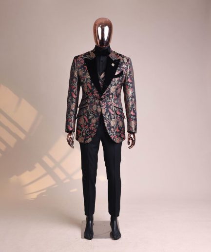 A Gold, peach and black mix metallic jacquard, peak lapel tuxedo suit