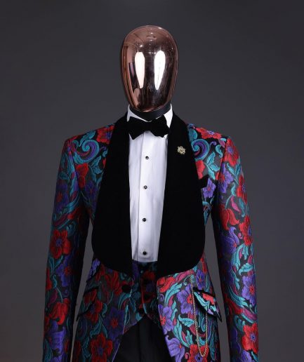A Tomato Red,fern green, purple and black mix metallic jacquard, shawl lapel tuxedo suit