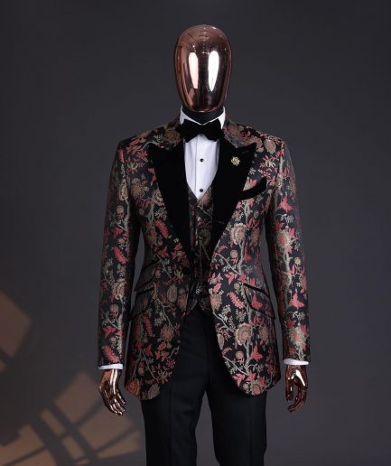 A Gold, peach & black mix metallic jacquard, peak lapel tuxedo suit