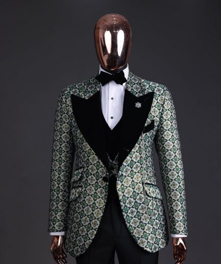 A Pine, pistachio green and black mix metallic jacquard, peak lapel tuxedo suit