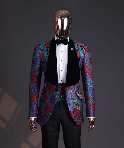 A Tomato Red,fern green, purple and black mix metallic jacquard, shawl lapel tuxedo suit