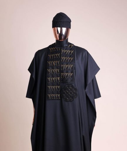 A Charcoal black, separated square in triangle embroidery details agbada