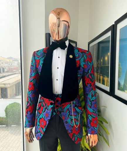 A Tomato Red,fern green, purple and black mix metallic jacquard, shawl lapel tuxedo suit