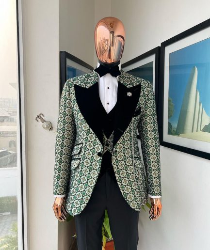 A Pine, pistachio green and black mix metallic jacquard, peak lapel tuxedo suit