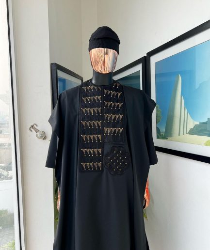 A Charcoal black, separated square in triangle embroidery details agbada