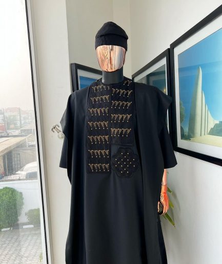 A Charcoal black, separated square in triangle embroidery details agbada