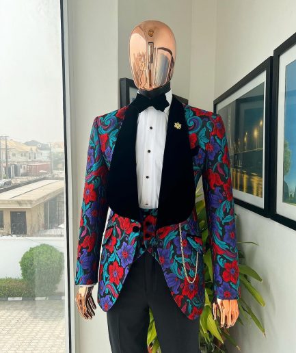 A Tomato Red,fern green, purple and black mix metallic jacquard, shawl lapel tuxedo suit