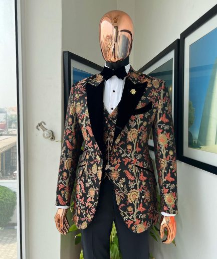 A Gold, peach & black mix metallic jacquard, peak lapel tuxedo suit