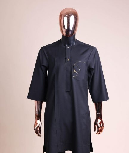 A Charcoal black, separated square in triangle embroidery details agbada