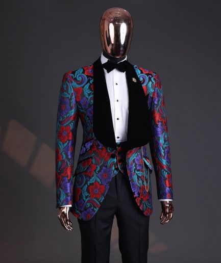 A Tomato Red,fern green, purple and black mix metallic jacquard, shawl lapel tuxedo suit