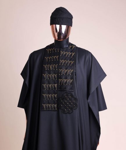 A Charcoal black, separated square in triangle embroidery details agbada