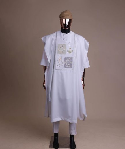 A white, dripping stars and interconnected maze embroidery details agbada