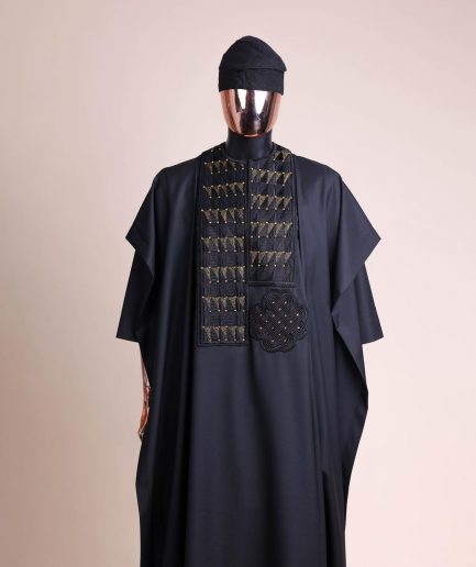 A Charcoal black, separated square in triangle embroidery details agbada