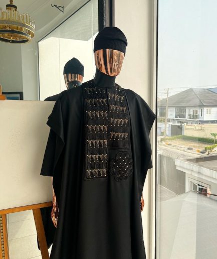 A Charcoal black, separated square in triangle embroidery details agbada