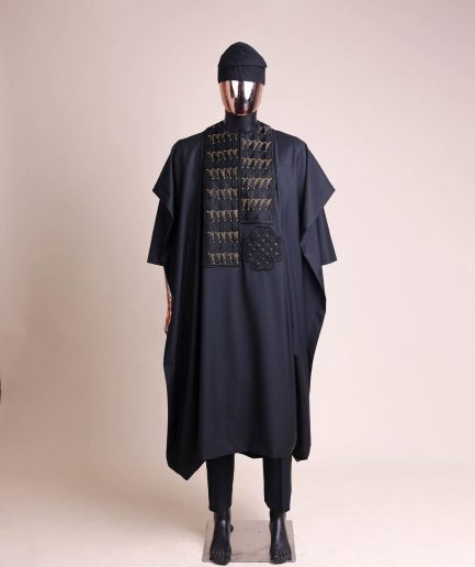 A Charcoal black, separated square in triangle embroidery details agbada