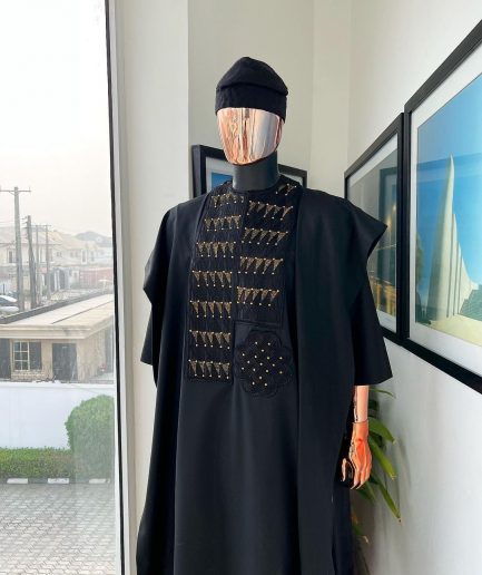 A Charcoal black, separated square in triangle embroidery details agbada