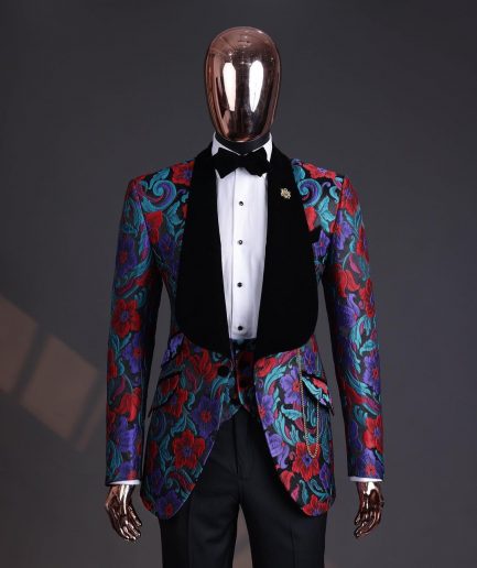 A Tomato Red,fern green, purple and black mix metallic jacquard, shawl lapel tuxedo suit