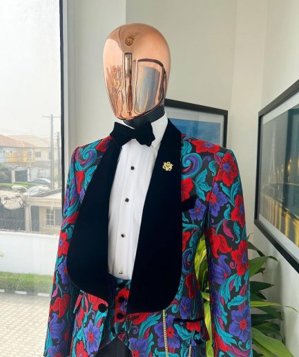 A Tomato Red,fern green, purple and black mix metallic jacquard, shawl lapel tuxedo suit