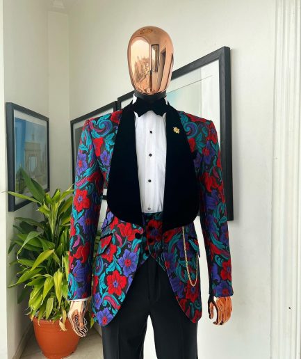 A Tomato Red,fern green, purple and black mix metallic jacquard, shawl lapel tuxedo suit