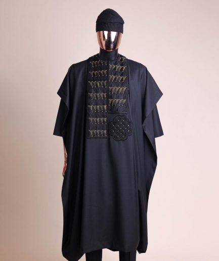 A Charcoal black, separated square in triangle embroidery details agbada