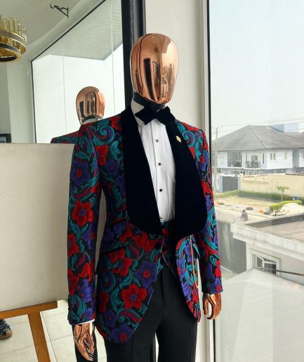A Tomato Red,fern green, purple and black mix metallic jacquard, shawl lapel tuxedo suit