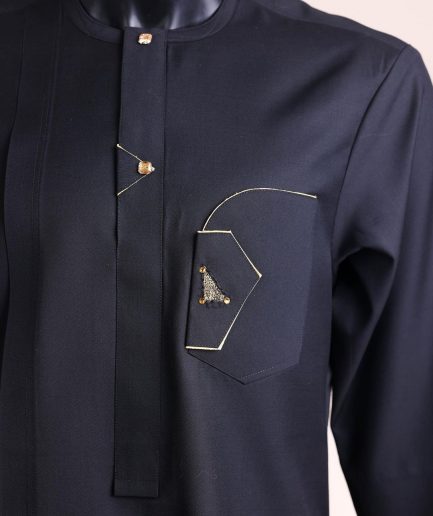 A charcoal black, inverted and closed flap shaped pocket details, 3/4 sleeve African senator kaftan native.
