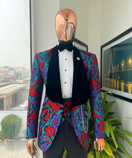A Tomato Red,fern green, purple and black mix metallic jacquard, shawl lapel tuxedo suit