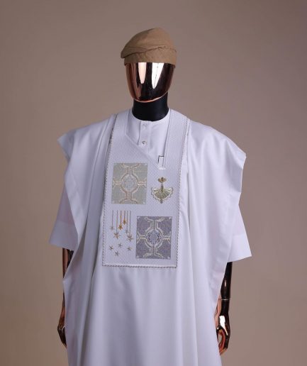 A white, dripping stars and interconnected maze embroidery details agbada