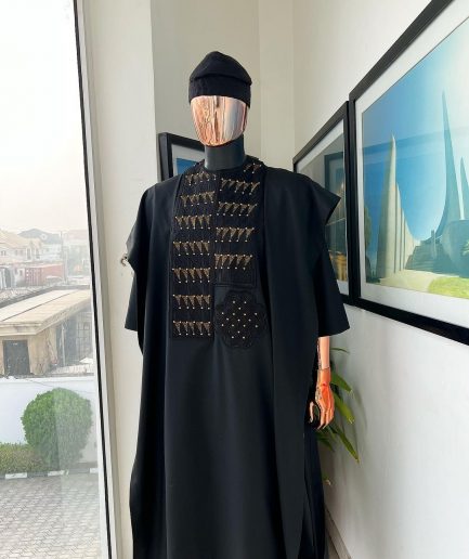 A Charcoal black, separated square in triangle embroidery details agbada