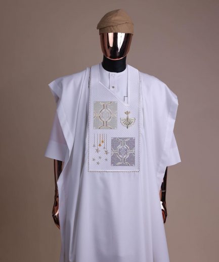 A white, dripping stars and interconnected maze embroidery details agbada