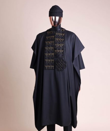 A Charcoal black, separated square in triangle embroidery details agbada
