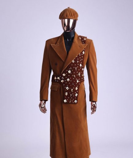 A Caramel brown, soaked velvet, peak lapel double breasted trench suit