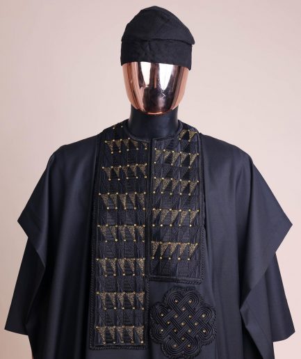 A Charcoal black, separated square in triangle embroidery details agbada