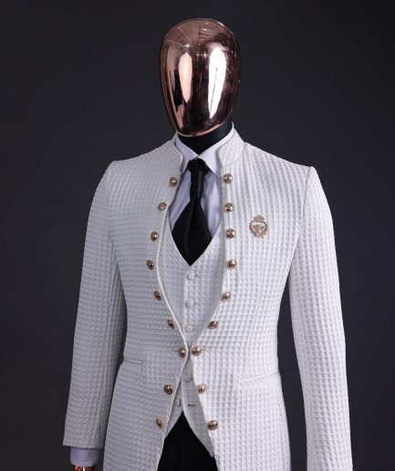 The “Monaco” ivory white plunged jacquard, single button front cut layered suit