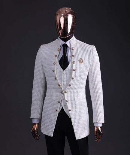 The “Monaco” ivory white plunged jacquard, single button front cut layered suit