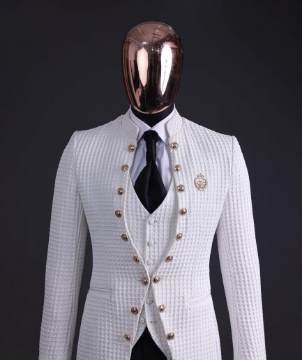 The “Monaco” ivory white plunged jacquard, single button front cut layered suit