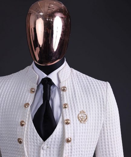 The “Monaco” ivory white plunged jacquard, single button front cut layered suit
