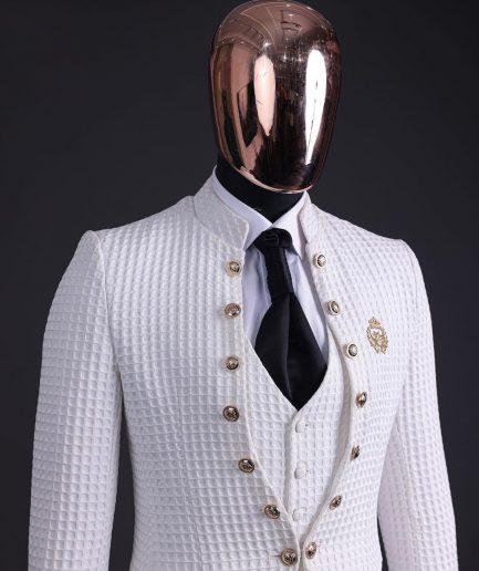 The “Monaco” ivory white plunged jacquard, single button front cut layered suit