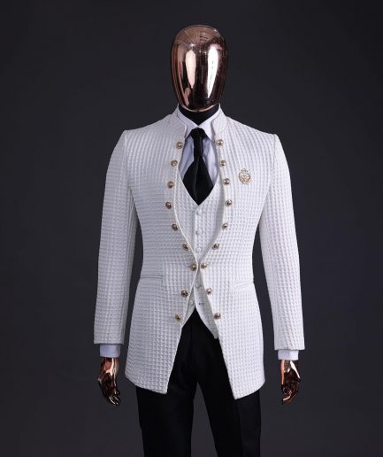 The “Monaco” ivory white plunged jacquard, single button front cut layered suit
