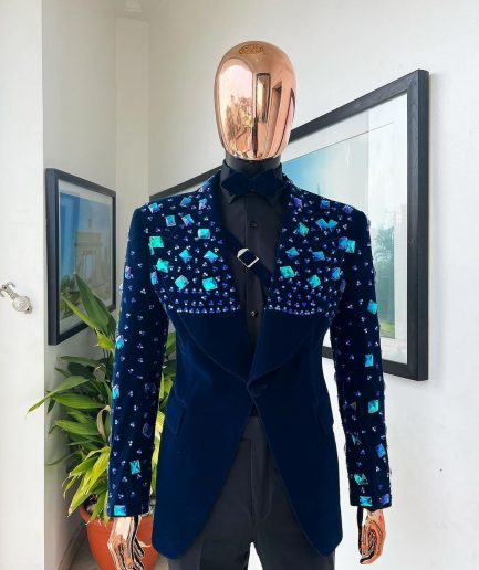 A Navy blue Glass and stone Swarovski mix shawl lapel single button tuxedo blazer suit