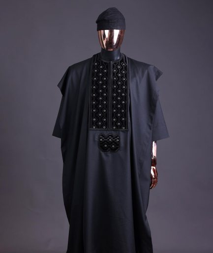 A charcoal black, grommet eyelet on dropping octa embroidery details agbada