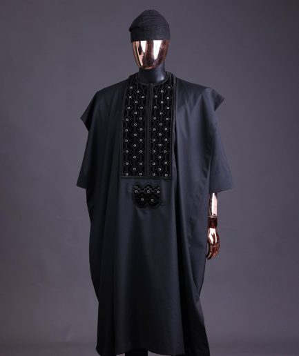 A charcoal black, grommet eyelet on dropping octa embroidery details agbada
