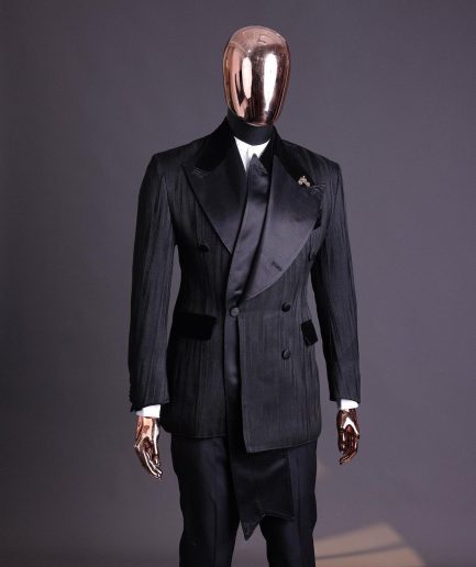 A Charcoal Black “Mandate” rain drop patterned jacquard, triple breasted, dropping sache tuxedo suit