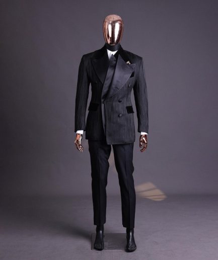 A Charcoal Black “Mandate” rain drop patterned jacquard, triple breasted tuxedo suit