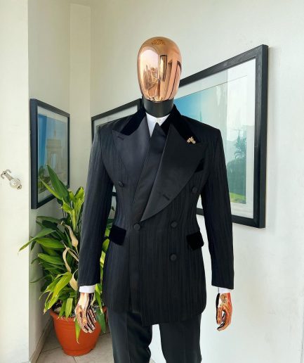 A Charcoal Black “Mandate” rain drop patterned jacquard, triple breasted tuxedo suit