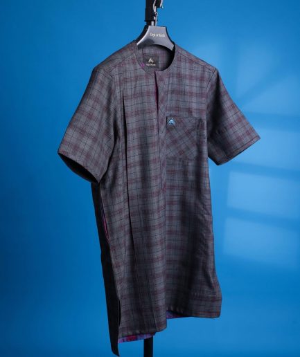 An ash and burgundy jorgecarli check, front flap, short sleeve African senator kaftan native.